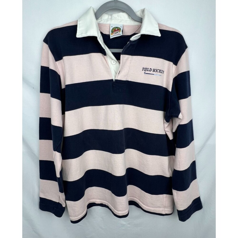 Vintage USA BARBARIAN Field Hockey Rugby Shirt Womens XL Pink Navy Striped